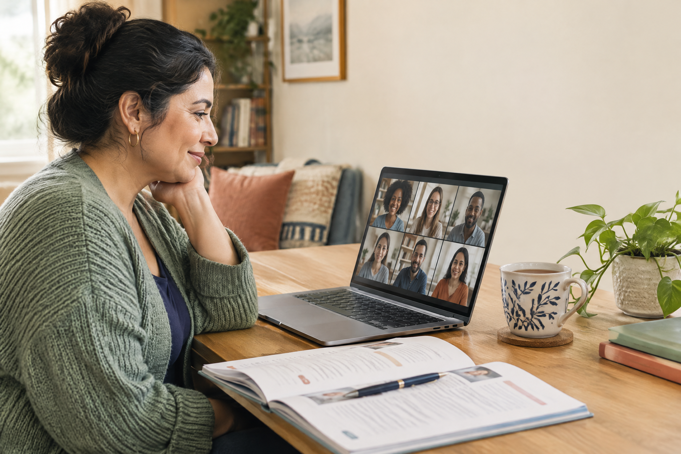 A parent attending a supportive live parenting class on Zoom with a workbook open